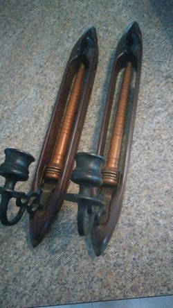 2 antique weaving shuttles with bobbin candle holders