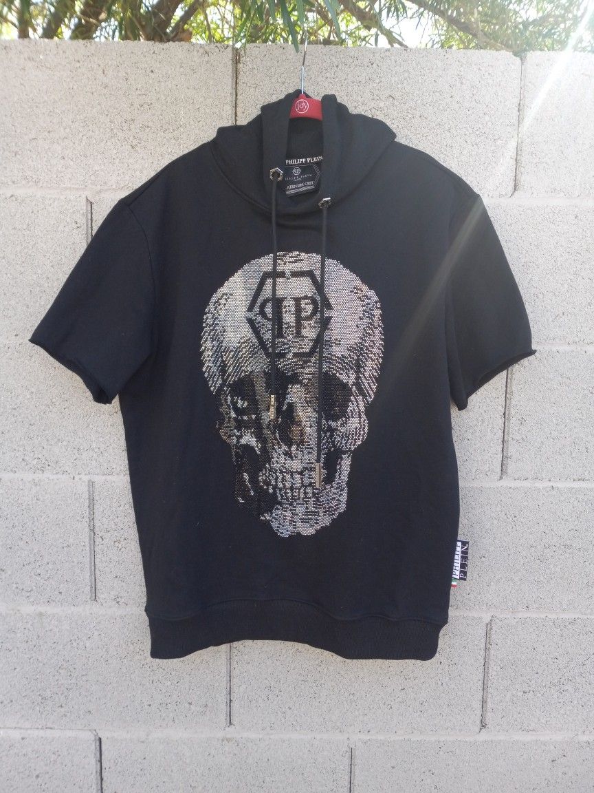 Philipp Plein Black Silver Skull Sweatshirt Hoodie Distressed Cutoff Sleeve Size XL