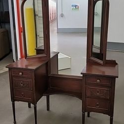 Antique Vanity With Trifold Mirrors 