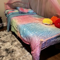 Brand new twin size, pink bedframe, plus mattress