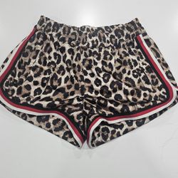 Pam & Gela Satin Leopard Print Track Dolphin Shorts w/ Pockets Size Small
