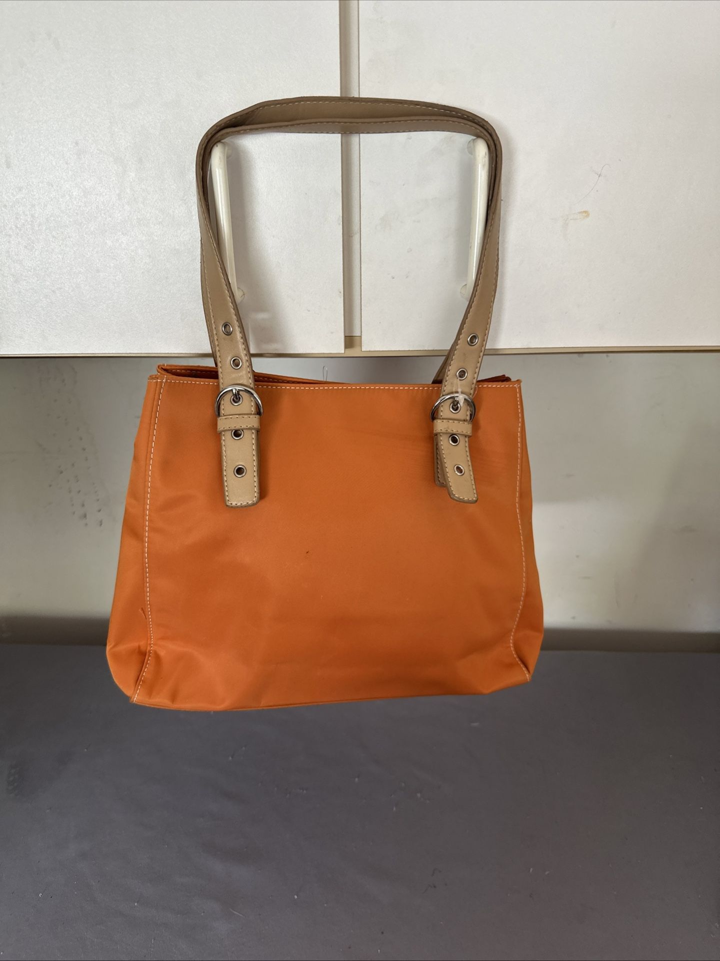 Orange leather shoulder bag with tan accents Nine West Orange Brown  Medium Handbag, Bag, Shoulder Bag Zipper Pockets