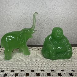2 Green Glass Figurines Buddha And Elephant 
