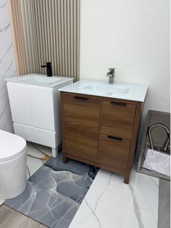 Walnut Bathroom Vanity with Glass Top and Sink
