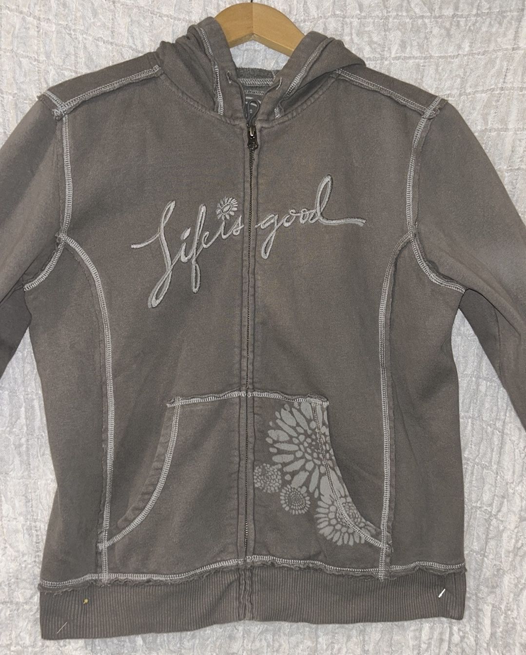 Life Is Good Taupe Hoodie with Embroidery, Relaxed Fit, Size: Medium