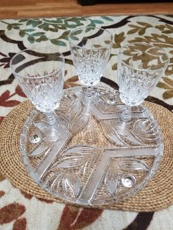 Crystal Tray With 3 Glasses Fancy New