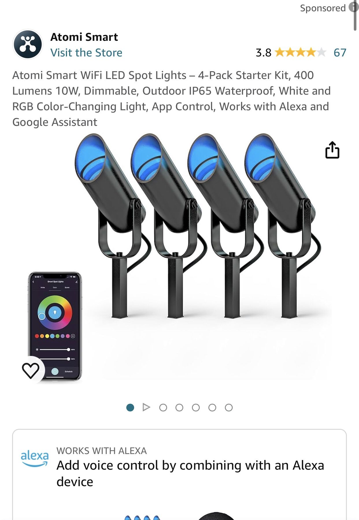 Atomi Smart WiFi LED Spot Lights – 4-Pack Starter Kit, 400 Lumens 10W, Dimmable, Outdoor IP65 Waterproof, White and RGB Color-Changing Light, App Cont