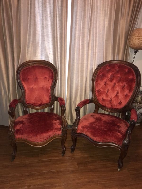 His and hers Queen Anne antique chairs stuffed with original horse hair