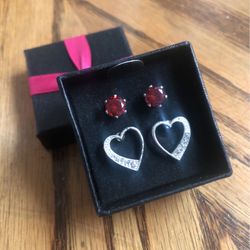 Avon Red CZ And Heart  Stud Set In Gift Box