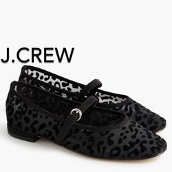 🌞(NEW) (8 SIZES AVAILABLE) WOMEN’S J.CREW FACTORY BLACK LEOPARD MESH MARY JANE FLATS - SIZES: 6, 6.5, 7, 7.5, 8, 8.5, 9, 9.5 (MSRP: $148)🌞