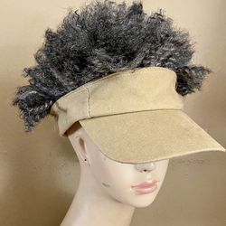 AFRO VISOR Tan Hat Gray Wig Novelty Costume Halloween One Size