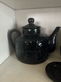 Black Ceramic Teapot with Embossed Floral Design