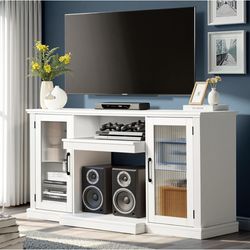 59" 3-Sided Glass TV Stand,Stripe Glass Door,Up to 65" TV,Entertainment Center with Storage Cabinets,Modern Media Console Table,TV Stand for Living Ro