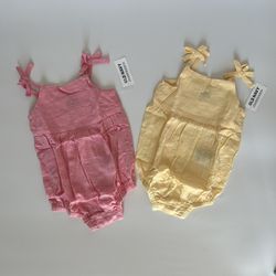 2 Old Navy Toddler Girl Sleeveless Tie Knot Romper Onesie Pink and Yellow 18-24 months