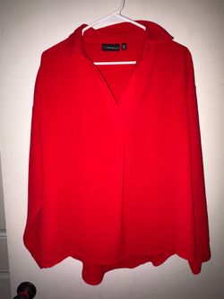 Rafaella Women’s Red Long Sleeve V-Neck Collared Blouse Size Medium