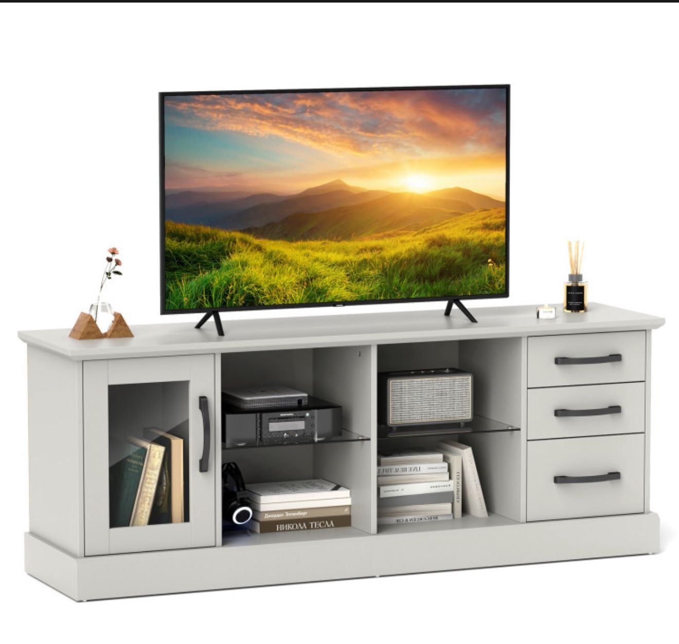 63” Media Console Table With 3 Drawers & 2 Glass Shelves 