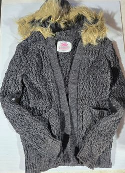 Justice fur lined hood gray sweater Girls size 6