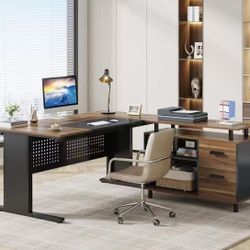F1976AB Industrial L-Shaped Desk, 63" Computer Executive Desk with File Cabinet