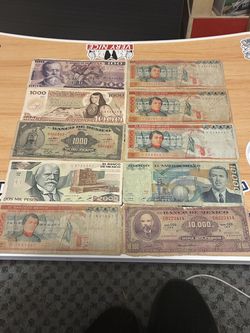 Mexican Paper Notes 10k pesos, 5k pesos, 2k pesos, 1k pesos, 100 pesos