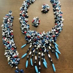 NEW Genuine Multi Gemstone Necklace, Bracelet and clip on Earnings, turquoise, coral, handmade 