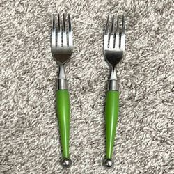 Vintage Mid Century Green Lucite Handled Fiesta Carnival Flatware Stainless Set Of 2 Salad Forks