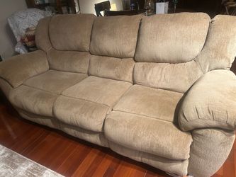 8' Sofa, Used, like new, fabric hand mechanism for dual recliner
