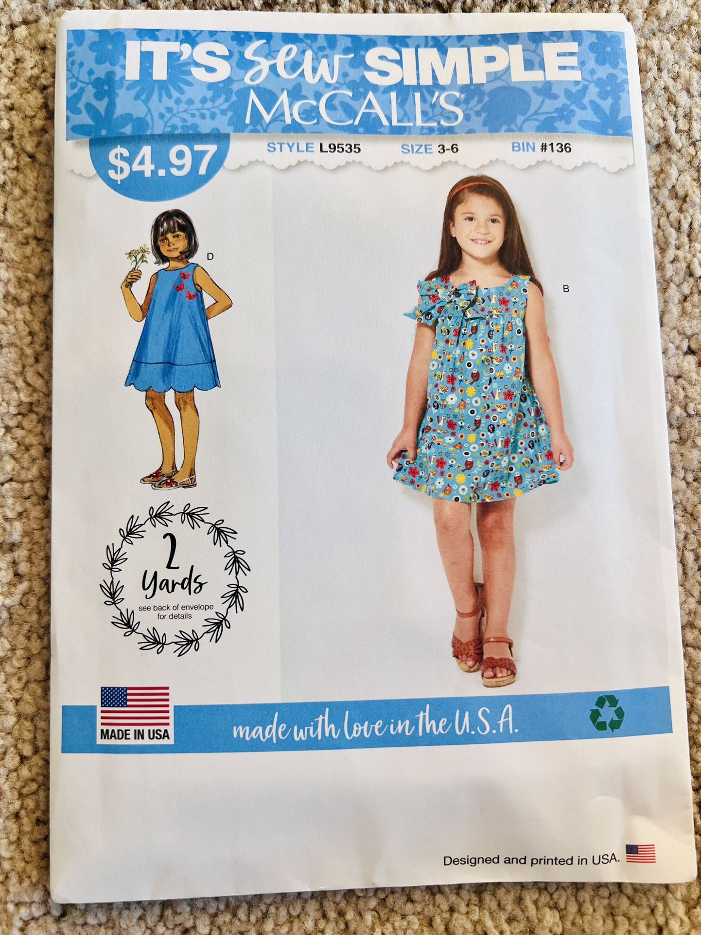 McCall's Girls Pullover Dress Pattern L9535 It’s Sew Simple Size 3-6. **NEW