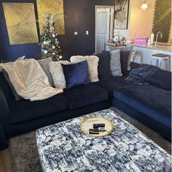 Royal Blue Sectional Couch & Ottoman