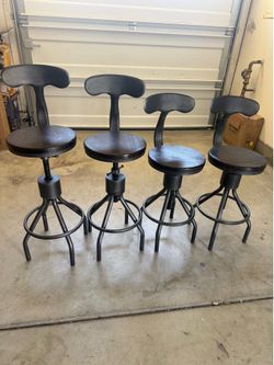 Set of 4 Industrial Bar Stool-Adjustable Swivel Wood Metal Bar Stool-Counter Height to Extra Tall Farmhouse Bar Stool-24-30 Inch Seat Height-with Back