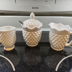 Vintage Fenton Hobnail White Milk Glass Sugar & Cream Dishes - 1950s