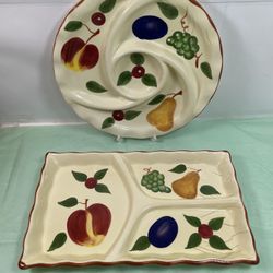 VTG Ceramic Dish Divided Plate w/ Fruits Apple Plum Grapes Pear Etc 2x Rare 