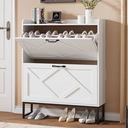 White Farmhouse Flip-Down Shoe Storage Cabinet