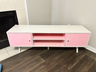 Pink & White Mid-Century Modern TV Stand / Media Console – Retro Chic