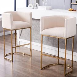 Modern Counter Height Linen Fabric Upholstered Counter Stool Set of 4, 32 Inch Cream Kitchen Island Stool with Gold Metal Frame