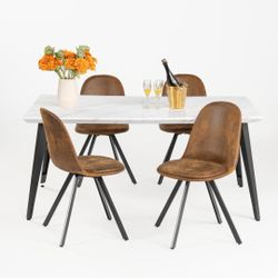 Stan 5PC Dining Set 63” Table in White Marble Top Finish with 4 Sunflower Upholstered Chairs, Suede Brown
