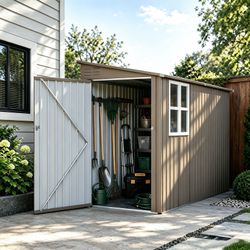 4*9FT Olive Grey Outdoor Metal Storage Shed, Galvanized Thick Frame Color Steel Tool House with Light-transmitting Window for Backyard Garden Equipmen