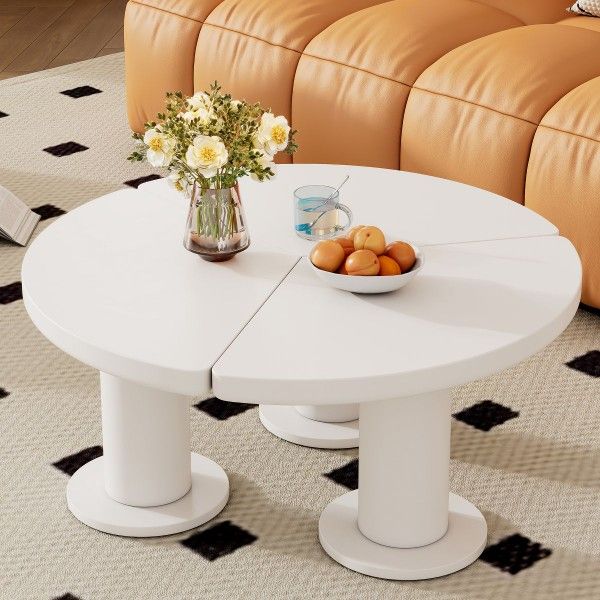 Coffee Table, Round Side Table with 3 Thick Legs, Wooden Center Table with Sleek Round Edges for Living Room, Bedroom