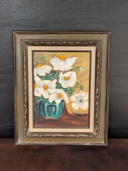 Vintage Framed Matilija Poppy Oil Painting Signed by H. Baker