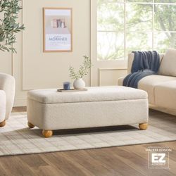 Walker Edison Linley Contemporary Large Storage Bouclé Ottoman with Wood Legs, Ivory