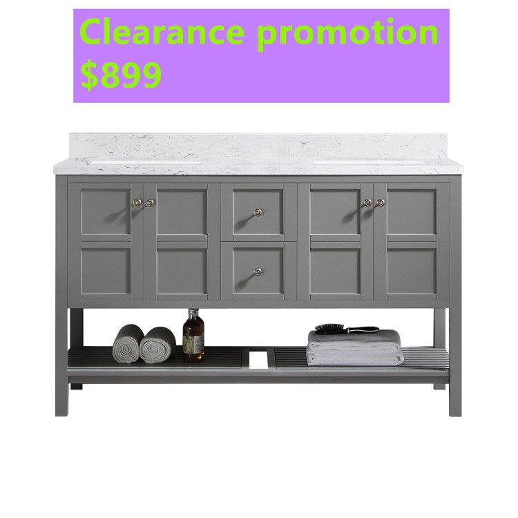 60 inch Cultured Marble Top Gray Bathroom Vanity with Shelf #20060 Clearance Sale