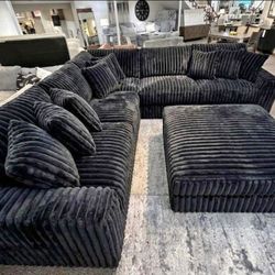 OM• $38 Initial • Brand New//Madness Extra Soft Corduroy Fabric L&U Shaped Modular Black Sectional Couch Set