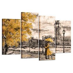 Kreative Arts 4pcs Canvas Prints Contemporary Wall Art Yellow Umbrella Couple In Street Big Ben Oil Painting Printed On Canvas Romantic Picture Framed