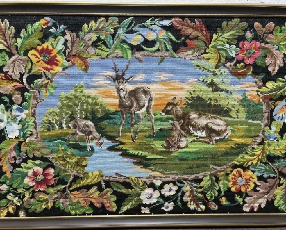 Vtg HUGE Deer Scene Needlepoint Framed 6 Ft 6” X 4 Ft 6”