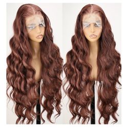 SOKU 13x6 Lace Frontal Wig Reddish Brown 32 Inch Body Wave Pre Plucked Babyhair Knotless Transparent Lace Heat Friendly Copper Red Bouncy Wave Synthet