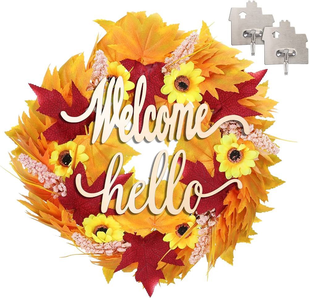 20" Fall Wreath for Front Door Decorations, Artificial Autumn Harvest Wreath with Maple Leaves for Thanksgiving Indoor and Outdoor Decor