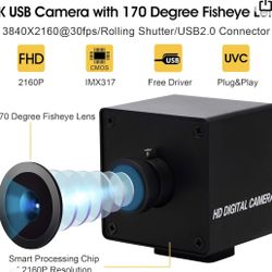 IEights 4K Wide Angle USB Camera with Metal Case HD Video Audio Fisheye Webcam High Speed PC Camera IMX317 USB with Camera for Computer Mini UVC USB2.
