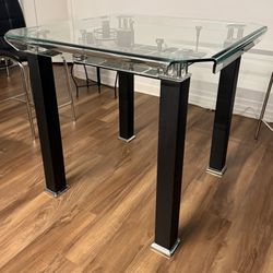 Glass Dining Table, Coffee Table, End Table Set With Black and Silver On Base And 4 Chairs & 3 Barstools