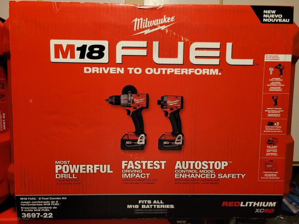Milwaukee M18 FUEL 2-Tool Combo Kit, 1/2in. Hammer Drill Driver, 1/4in. Hex Impact Driver, 2 Batteries, Charger, Model# 3697-22