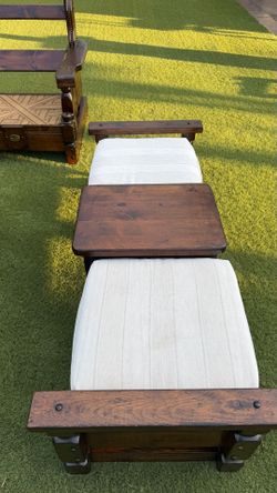 Rustic Carved Wood Bench with Woven Seat