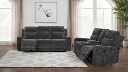 New Power Reclining Couch / Love Seat.  Grey Chenille Fabric.  Free Delivery!